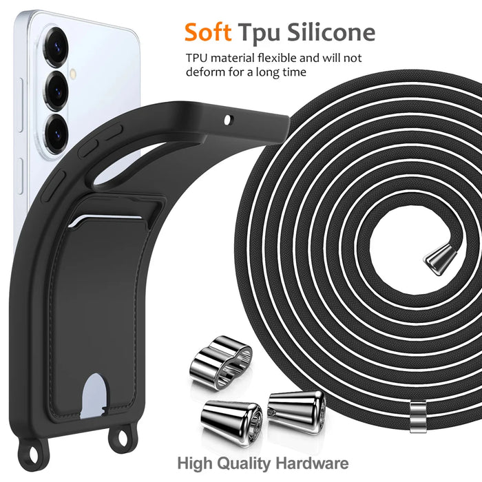 For Samsung Galaxy S26+ Case Liquid Silicone Card Holder Back Phone Cover with Lanyard - Black - 7