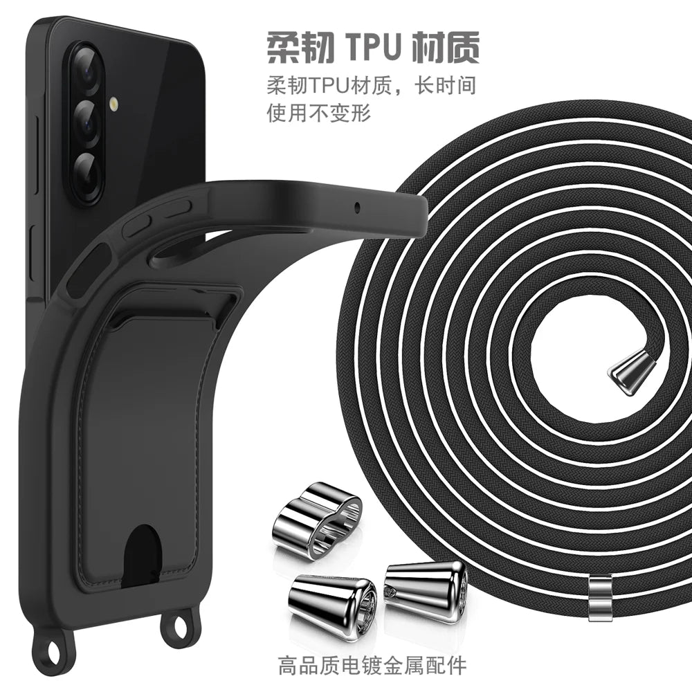 For Samsung Galaxy A57 5G Case Liquid Silicone Card Holder Back Phone Cover with Lanyard - Black - 7