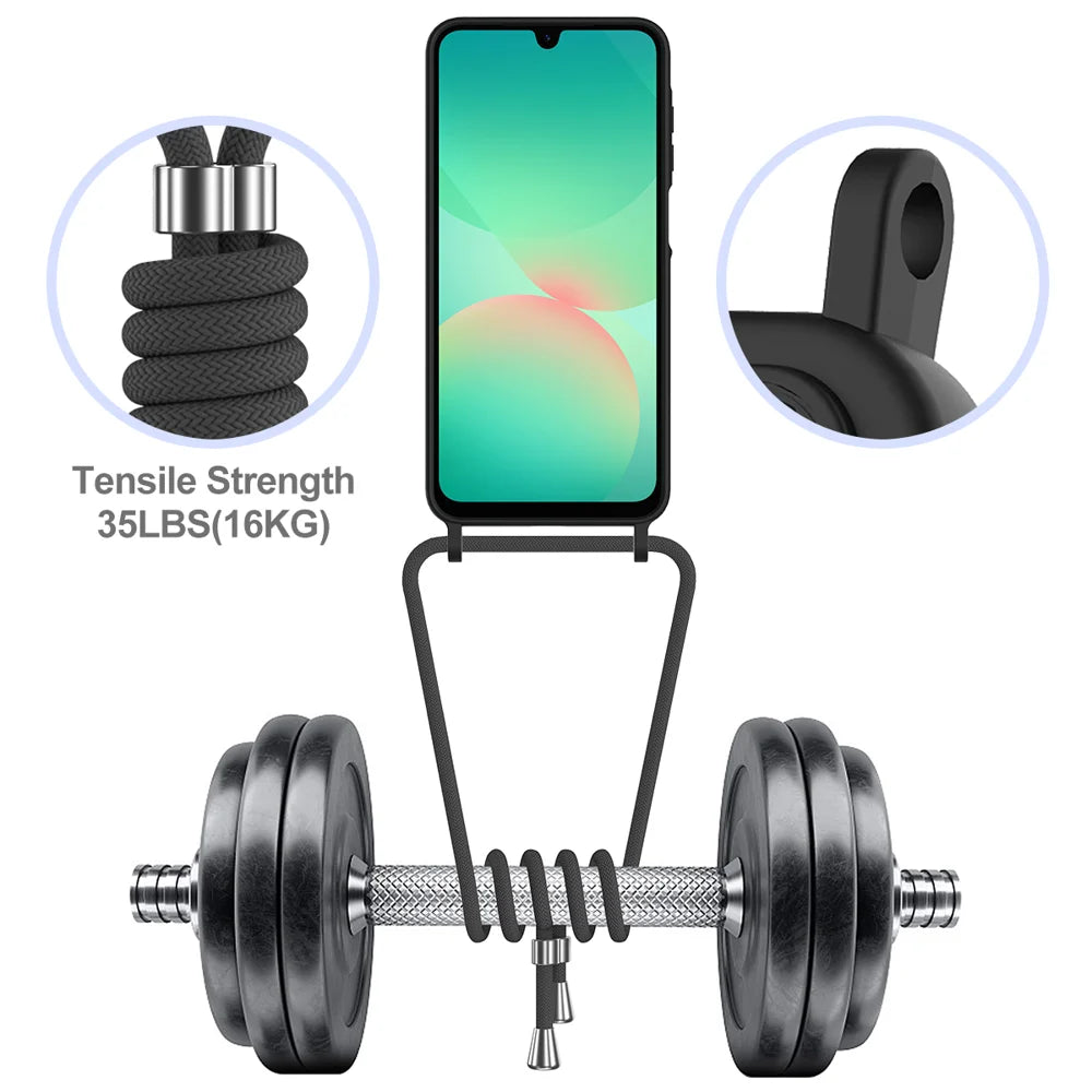 For Samsung Galaxy A37 5G Case Liquid Silicone Card Holder Back Phone Cover with Lanyard - Black - 6