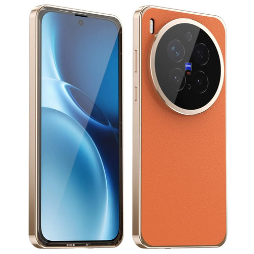 For vivo X300 Pro 5G Case Magnetic Frame Front Tempered Glass Leather PC Back Phone Cover - Orange - 1