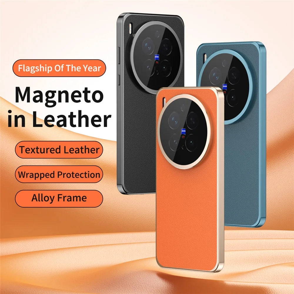 For vivo X300 Pro 5G Case Magnetic Frame Front Tempered Glass Leather PC Back Phone Cover - Orange - 2