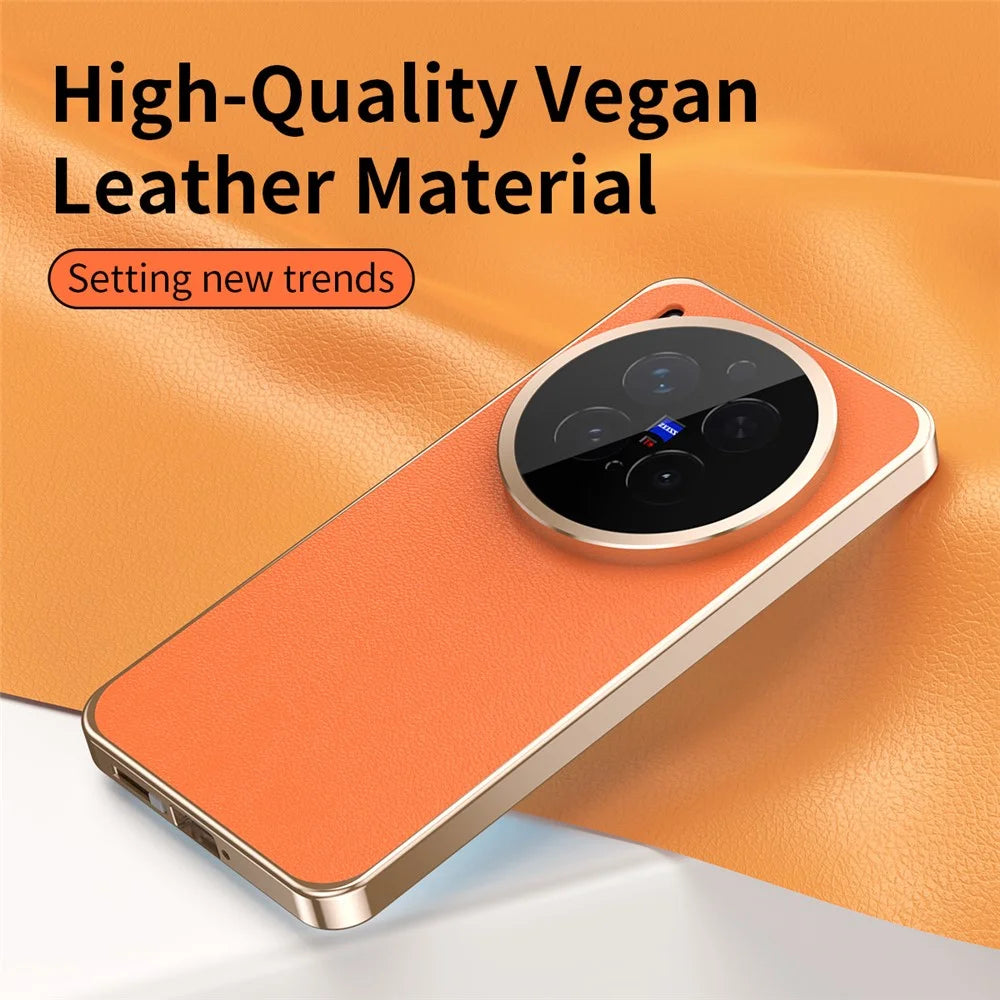 For vivo X300 Pro 5G Case Magnetic Frame Front Tempered Glass Leather PC Back Phone Cover - Orange - 3