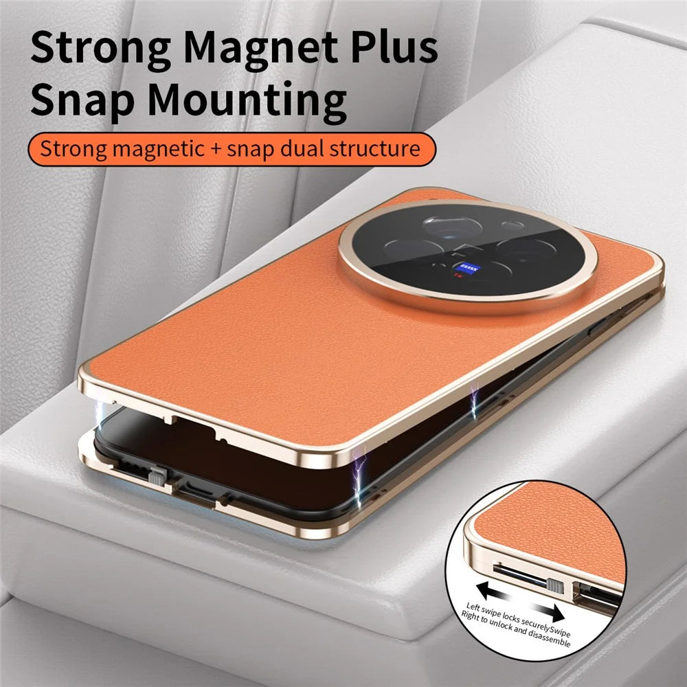 For vivo X300 Pro 5G Case Magnetic Frame Front Tempered Glass Leather PC Back Phone Cover - Orange - 5