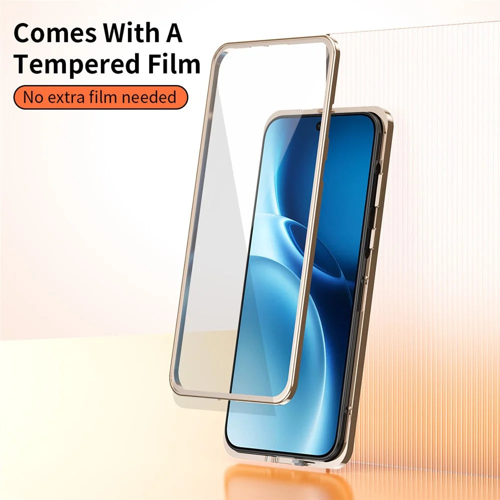 For vivo X300 Pro 5G Case Magnetic Frame Front Tempered Glass Leather PC Back Phone Cover - Orange - 6
