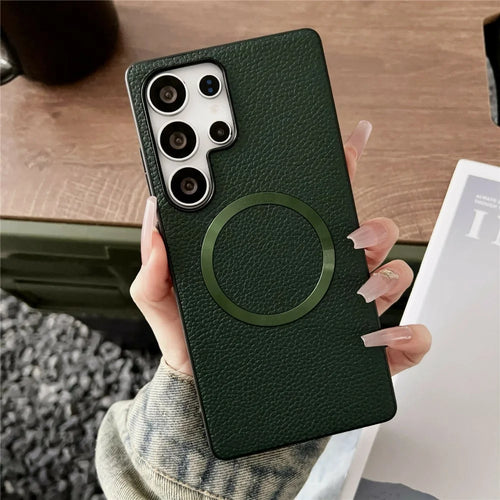 For Samsung Galaxy S26 Ultra Magnetic Case Litchi Texture PU Leather + TPU Phone Back Cover - Green - 1