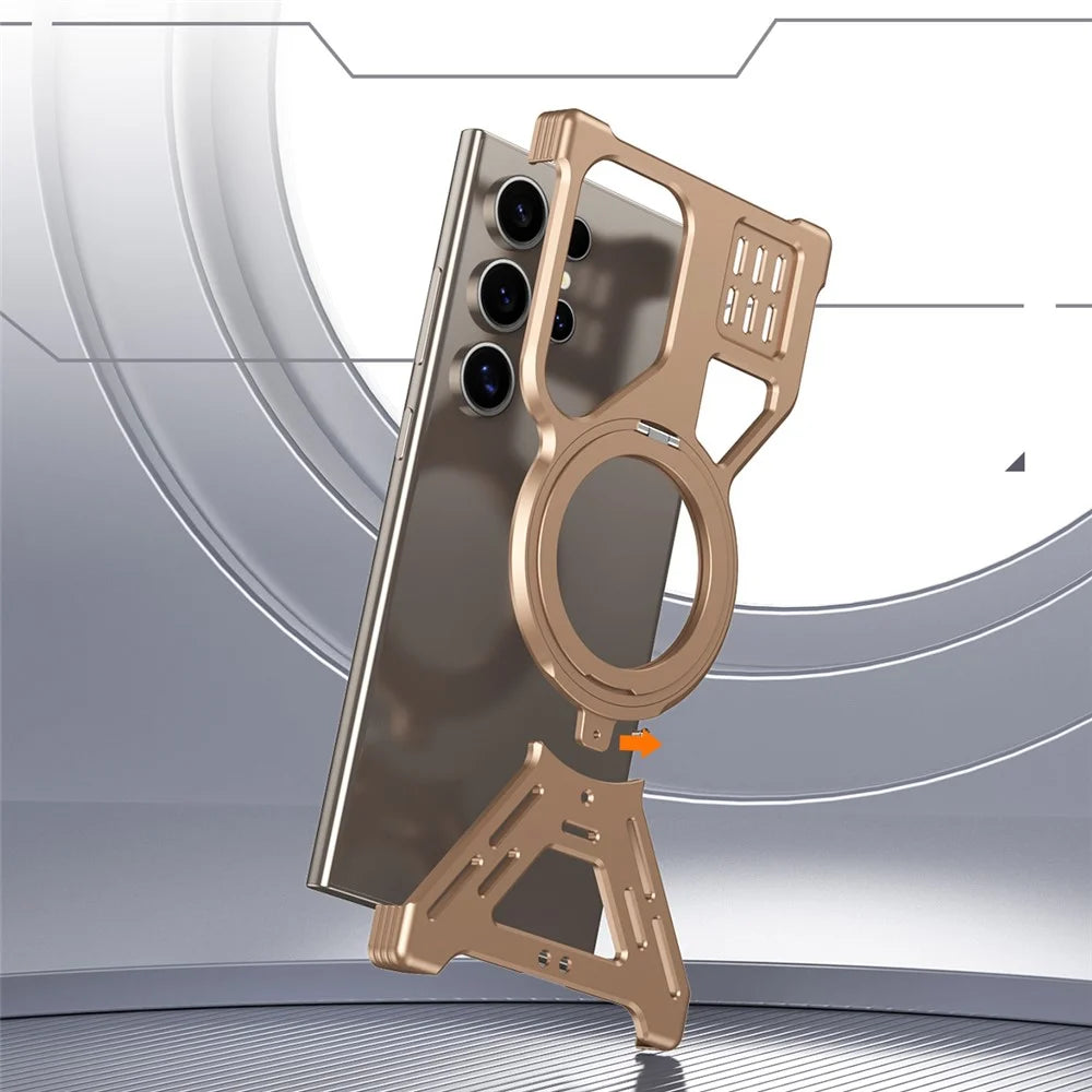 For Samsung Galaxy S25 Ultra Magnetic Bumper Case Rotating Kickstand Metal Phone Cover - Desert Gold - 3