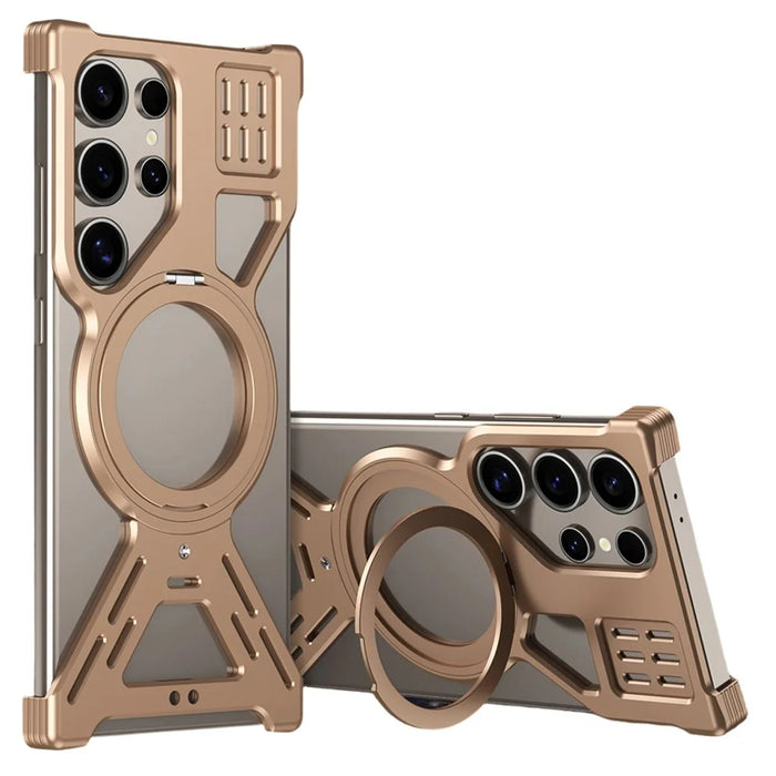 For Samsung Galaxy S23 Ultra Magnetic Bumper Case Rotating Kickstand Metal Phone Cover - Desert Gold - 1