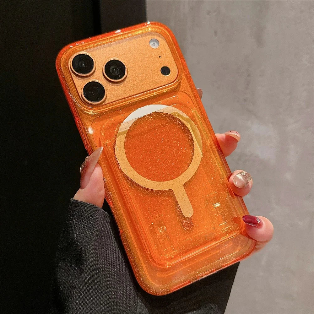 For iPhone 17 Pro Max Case Compatible with MagSafe Glitter Slim Clear Phone Cover with Card Holder - Orange - 1