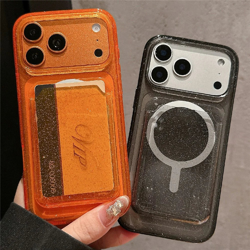 For iPhone 17 Pro Max Case Compatible with MagSafe Glitter Slim Clear Phone Cover with Card Holder - Orange - 2