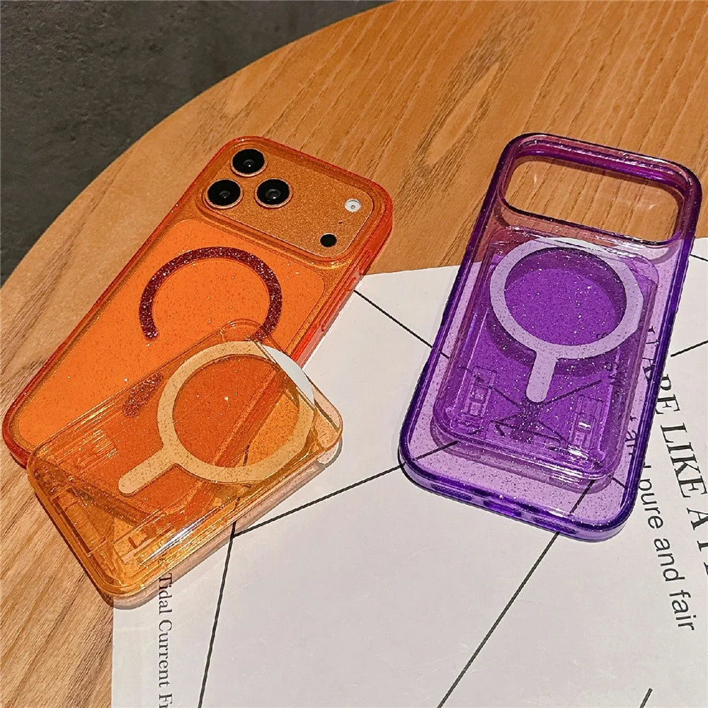 For iPhone 17 Pro Max Case Compatible with MagSafe Glitter Slim Clear Phone Cover with Card Holder - Orange - 4