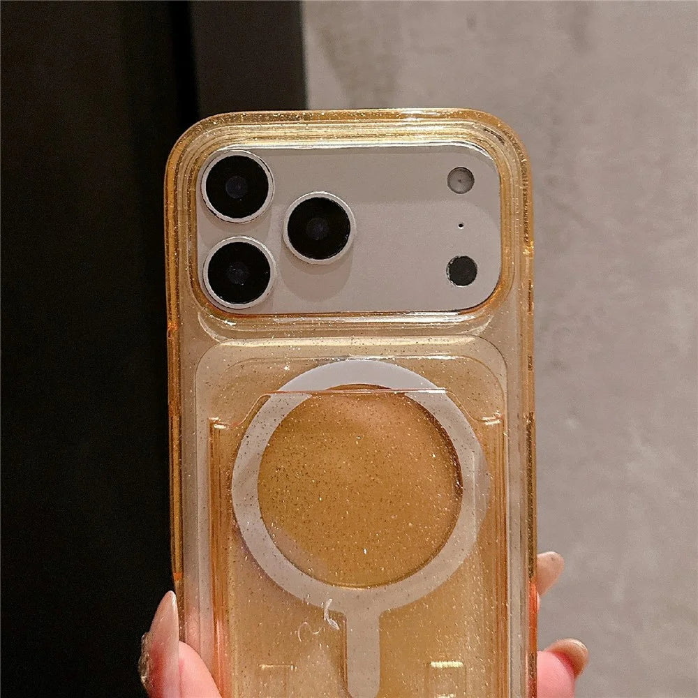 For iPhone 17 Pro Max Case Compatible with MagSafe Glitter Slim Clear Phone Cover with Card Holder - Orange - 5