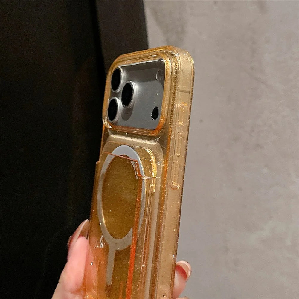 For iPhone 17 Pro Max Case Compatible with MagSafe Glitter Slim Clear Phone Cover with Card Holder - Orange - 6