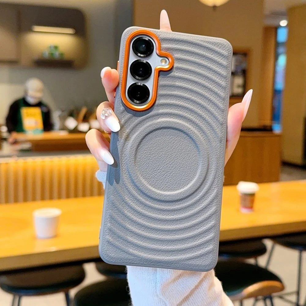 For Samsung Galaxy S26 Magnetic Case Wave Texture PU Leather Coated PC + TPU Phone Cover - Grey - 1