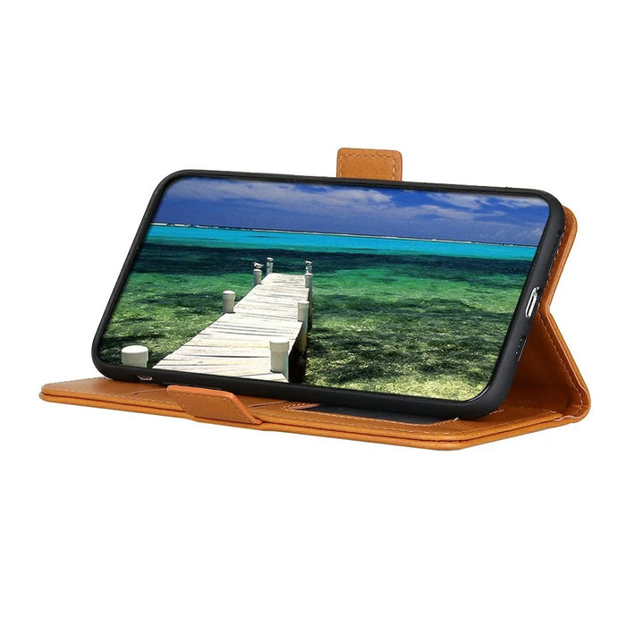For Samsung Galaxy S26+ Case Stand Cowhide Texture PU Leather Phone Cover - Yellow - 3