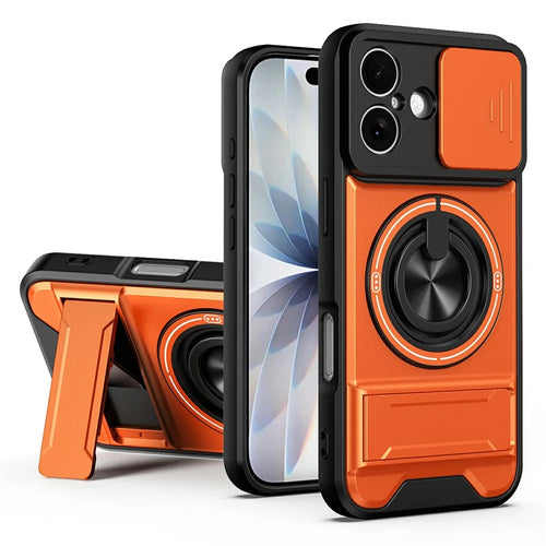 For iPhone 17 Case Compatible with MagSafe Ring Holder Foldable Kickstand TPU PC Phone Cover with Camera Lens Slider - Orange - 1