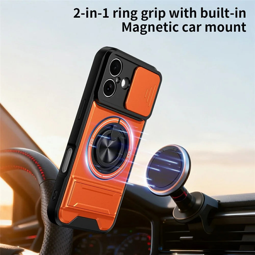 For iPhone 17 Case Compatible with MagSafe Ring Holder Foldable Kickstand TPU PC Phone Cover with Camera Lens Slider - Orange - 2
