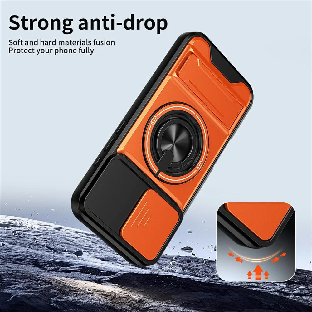 For iPhone 17 Case Compatible with MagSafe Ring Holder Foldable Kickstand TPU PC Phone Cover with Camera Lens Slider - Orange - 3