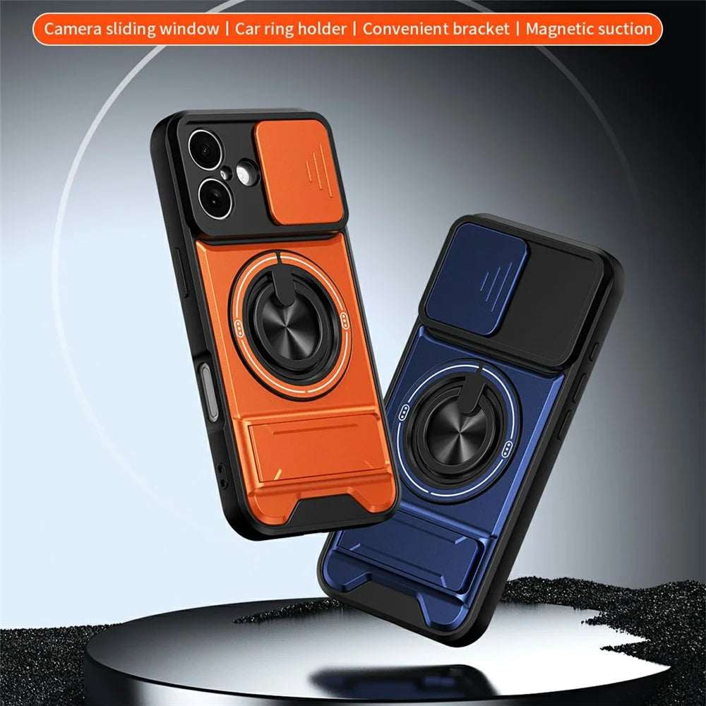 For iPhone 17 Case Compatible with MagSafe Ring Holder Foldable Kickstand TPU PC Phone Cover with Camera Lens Slider - Orange - 4