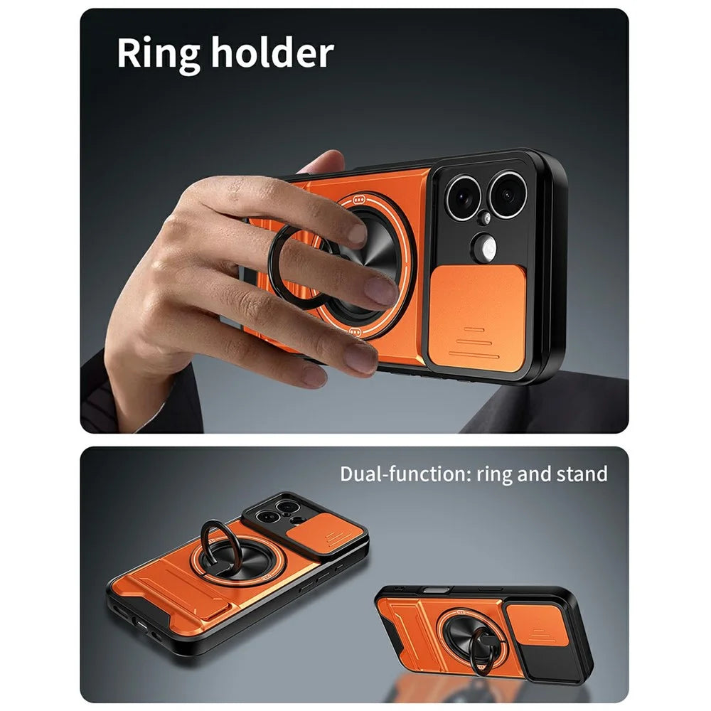 For iPhone 17 Case Compatible with MagSafe Ring Holder Foldable Kickstand TPU PC Phone Cover with Camera Lens Slider - Orange - 5