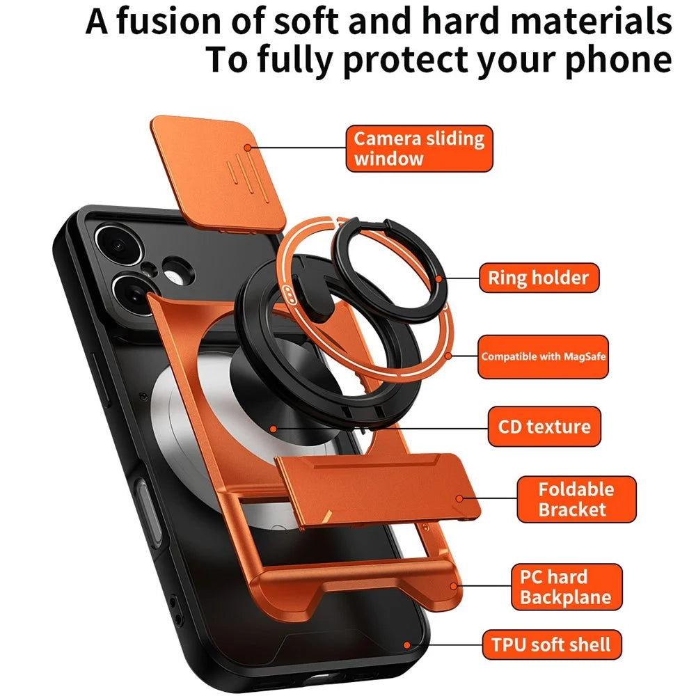 For iPhone 17 Case Compatible with MagSafe Ring Holder Foldable Kickstand TPU PC Phone Cover with Camera Lens Slider - Orange - 7