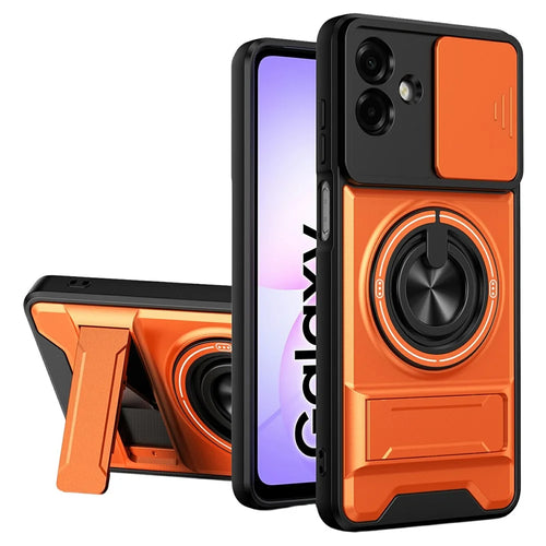 For Samsung Galaxy A08 5G / A08 4G / A07 5G / A07 4G Magnetic Case Ring Holder Foldable Kickstand TPU PC Phone Cover with Camera Lens Slider - Orange - 1
