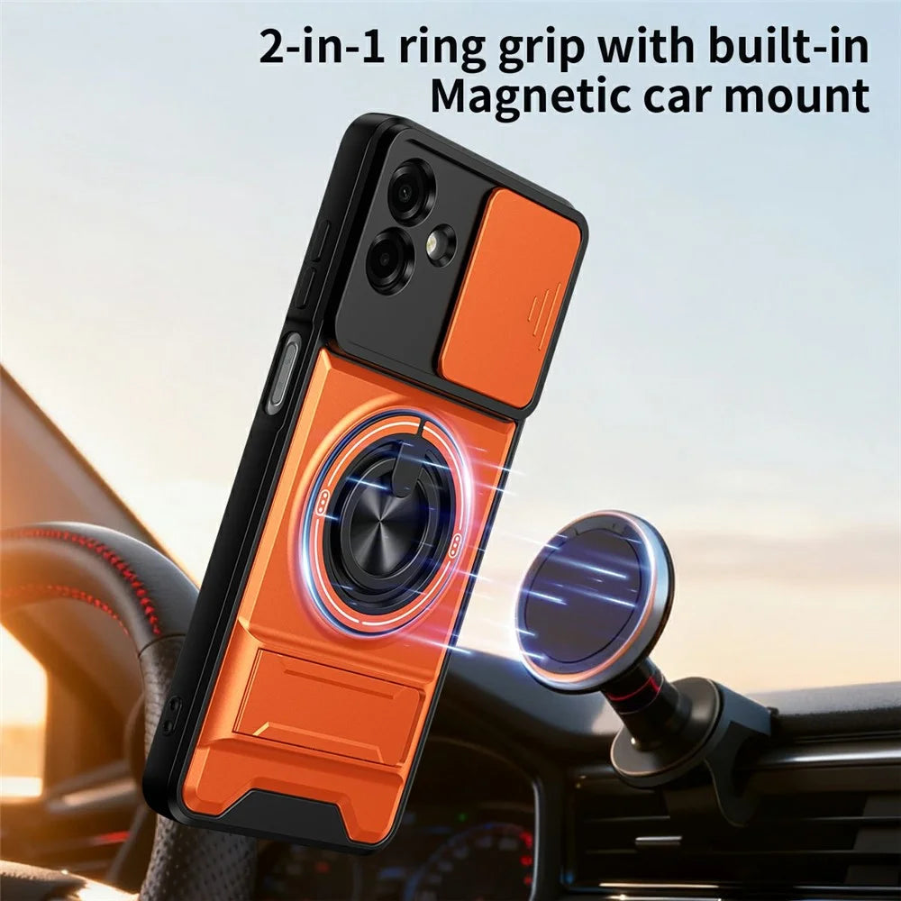 For Samsung Galaxy A08 5G / A08 4G / A07 5G / A07 4G Magnetic Case Ring Holder Foldable Kickstand TPU PC Phone Cover with Camera Lens Slider - Orange - 2