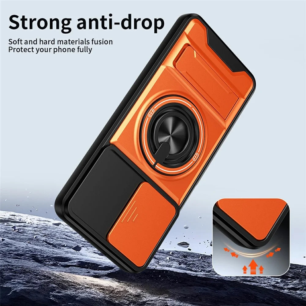 For Samsung Galaxy A08 5G / A08 4G / A07 5G / A07 4G Magnetic Case Ring Holder Foldable Kickstand TPU PC Phone Cover with Camera Lens Slider - Orange - 3