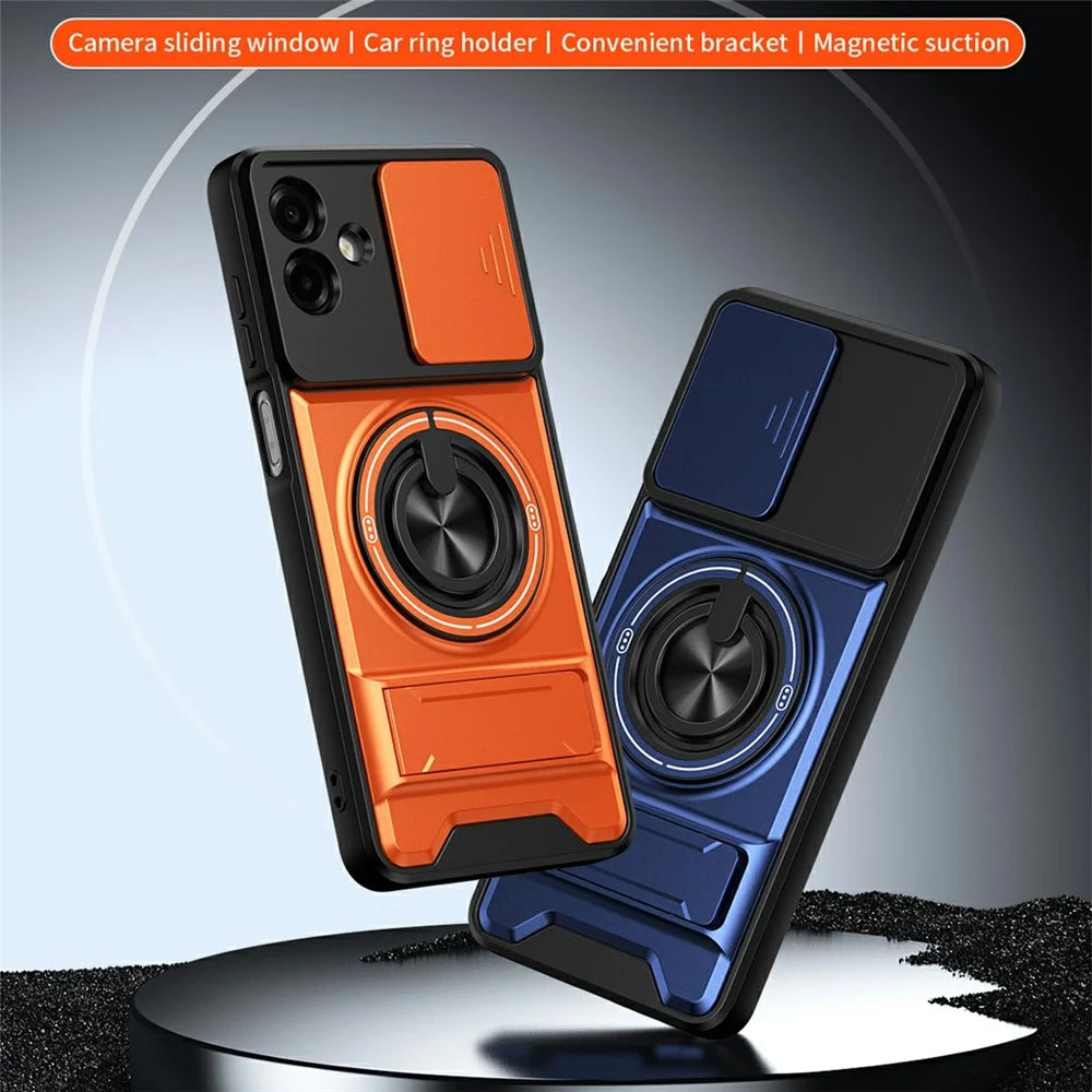 For Samsung Galaxy A08 5G / A08 4G / A07 5G / A07 4G Magnetic Case Ring Holder Foldable Kickstand TPU PC Phone Cover with Camera Lens Slider - Orange - 4