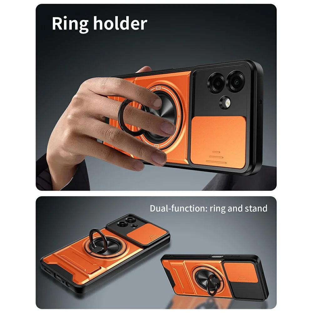 For Samsung Galaxy A08 5G / A08 4G / A07 5G / A07 4G Magnetic Case Ring Holder Foldable Kickstand TPU PC Phone Cover with Camera Lens Slider - Orange - 5