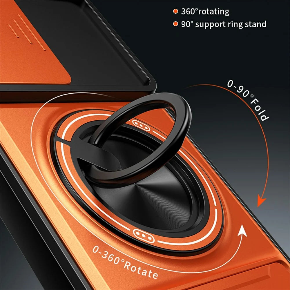 For Samsung Galaxy A08 5G / A08 4G / A07 5G / A07 4G Magnetic Case Ring Holder Foldable Kickstand TPU PC Phone Cover with Camera Lens Slider - Orange - 6