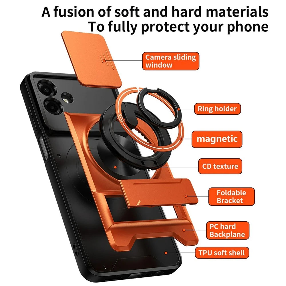 For Samsung Galaxy A08 5G / A08 4G / A07 5G / A07 4G Magnetic Case Ring Holder Foldable Kickstand TPU PC Phone Cover with Camera Lens Slider - Orange - 7