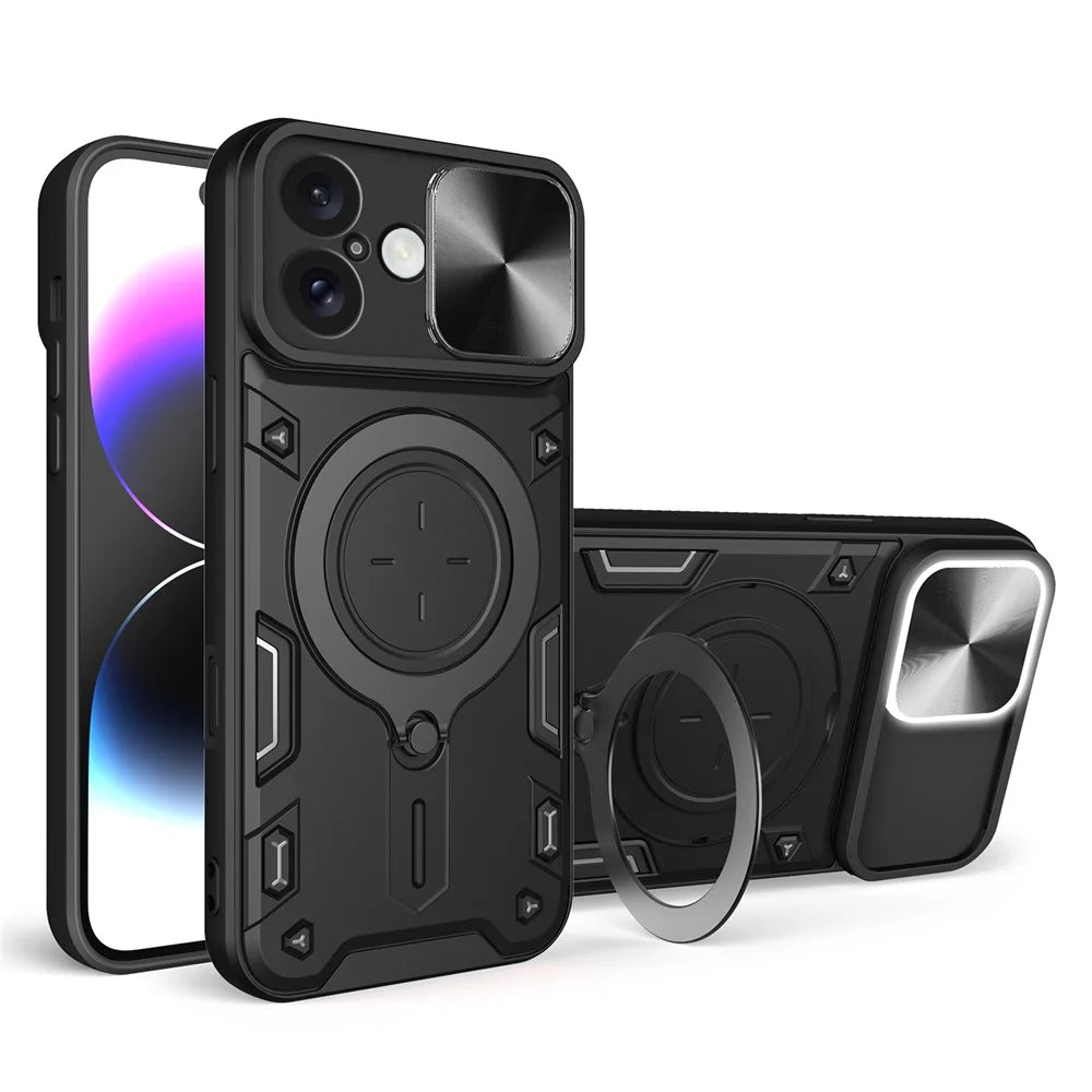 For iPhone 16 Case TPU + PC Phone Cover with Kickstand , Slide Lens Window - Black - 1