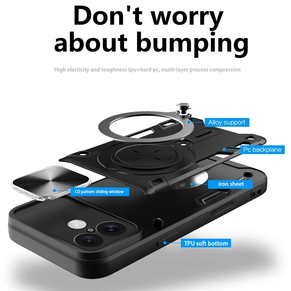 For iPhone 16 Case TPU + PC Phone Cover with Kickstand , Slide Lens Window - Black - 2