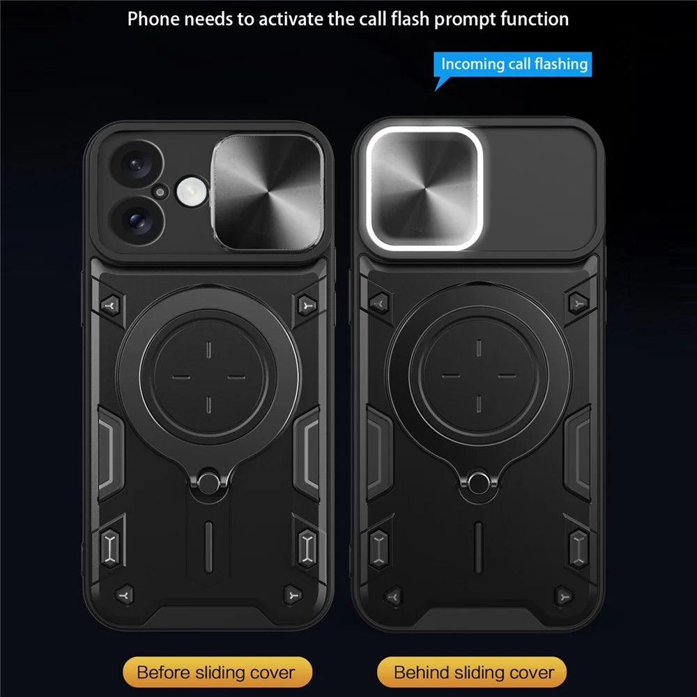 For iPhone 16 Case TPU + PC Phone Cover with Kickstand , Slide Lens Window - Black - 5