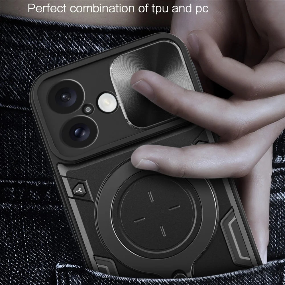 For iPhone 16 Case TPU + PC Phone Cover with Kickstand , Slide Lens Window - Black - 6