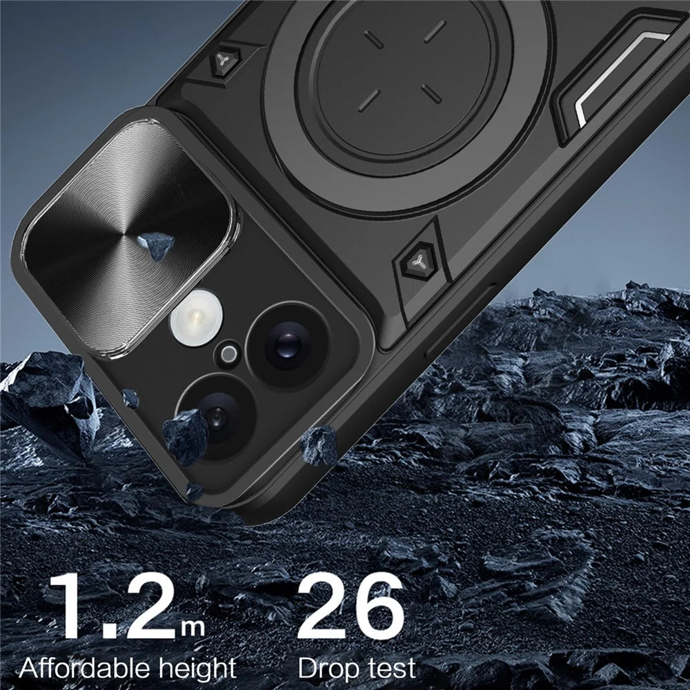 For iPhone 16 Case TPU + PC Phone Cover with Kickstand , Slide Lens Window - Black - 7