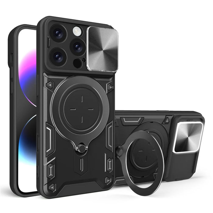 For iPhone 16 Pro Case TPU + PC Phone Cover with Kickstand , Slide Lens Window - Black - 1