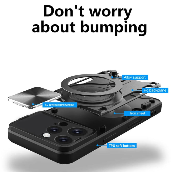 For iPhone 16 Pro Case TPU + PC Phone Cover with Kickstand , Slide Lens Window - Black - 2