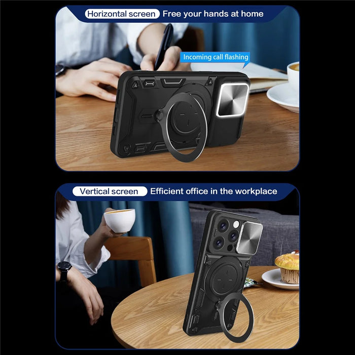For iPhone 16 Pro Case TPU + PC Phone Cover with Kickstand , Slide Lens Window - Black - 3