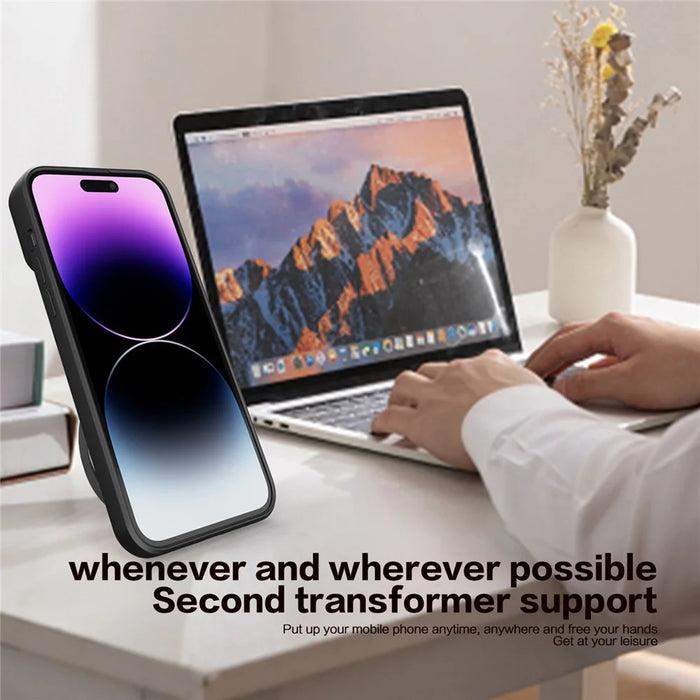 For iPhone 16 Pro Case TPU + PC Phone Cover with Kickstand , Slide Lens Window - Black - 4