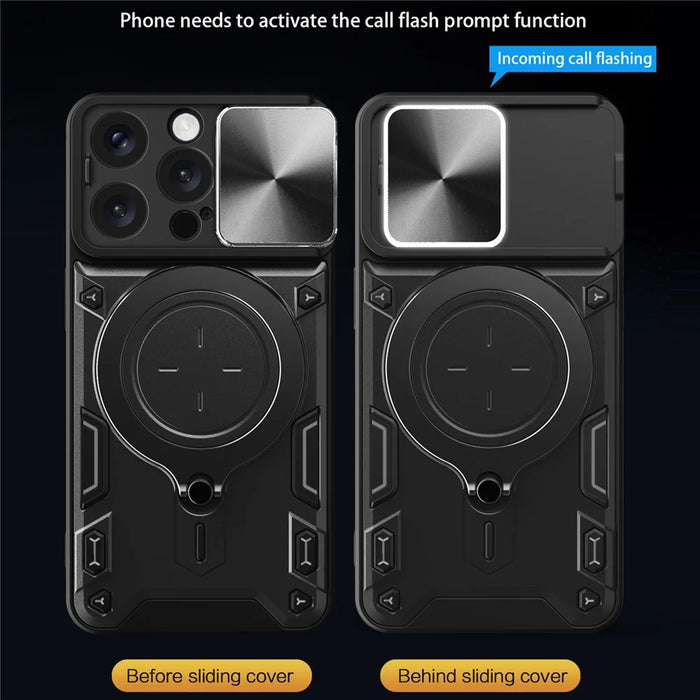 For iPhone 16 Pro Case TPU + PC Phone Cover with Kickstand , Slide Lens Window - Black - 5