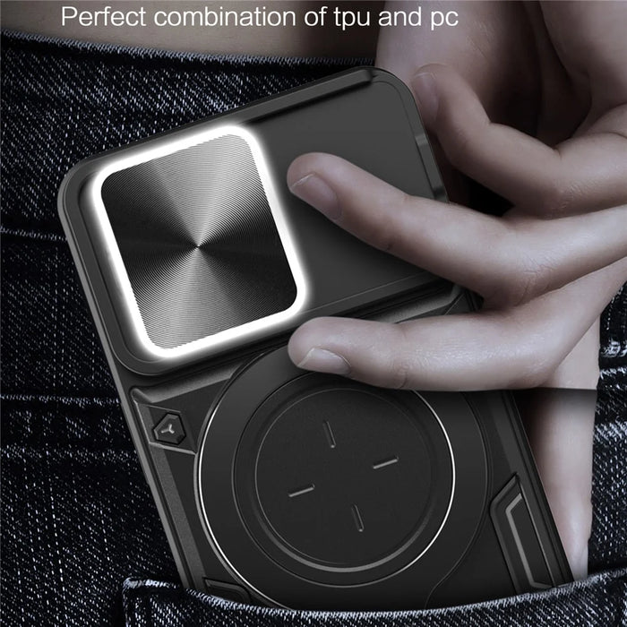For iPhone 16 Pro Case TPU + PC Phone Cover with Kickstand , Slide Lens Window - Black - 6