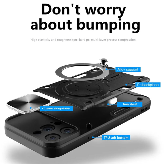 For iPhone 16 Pro Max Case TPU + PC Phone Cover with Kickstand , Slide Lens Window - Black - 2