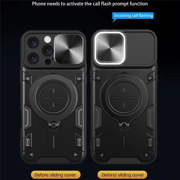 For iPhone 16 Pro Max Case TPU + PC Phone Cover with Kickstand , Slide Lens Window - Black - 5