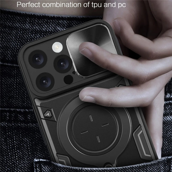 For iPhone 16 Pro Max Case TPU + PC Phone Cover with Kickstand , Slide Lens Window - Black - 6