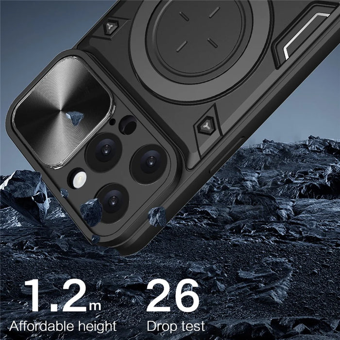For iPhone 16 Pro Max Case TPU + PC Phone Cover with Kickstand , Slide Lens Window - Black - 7