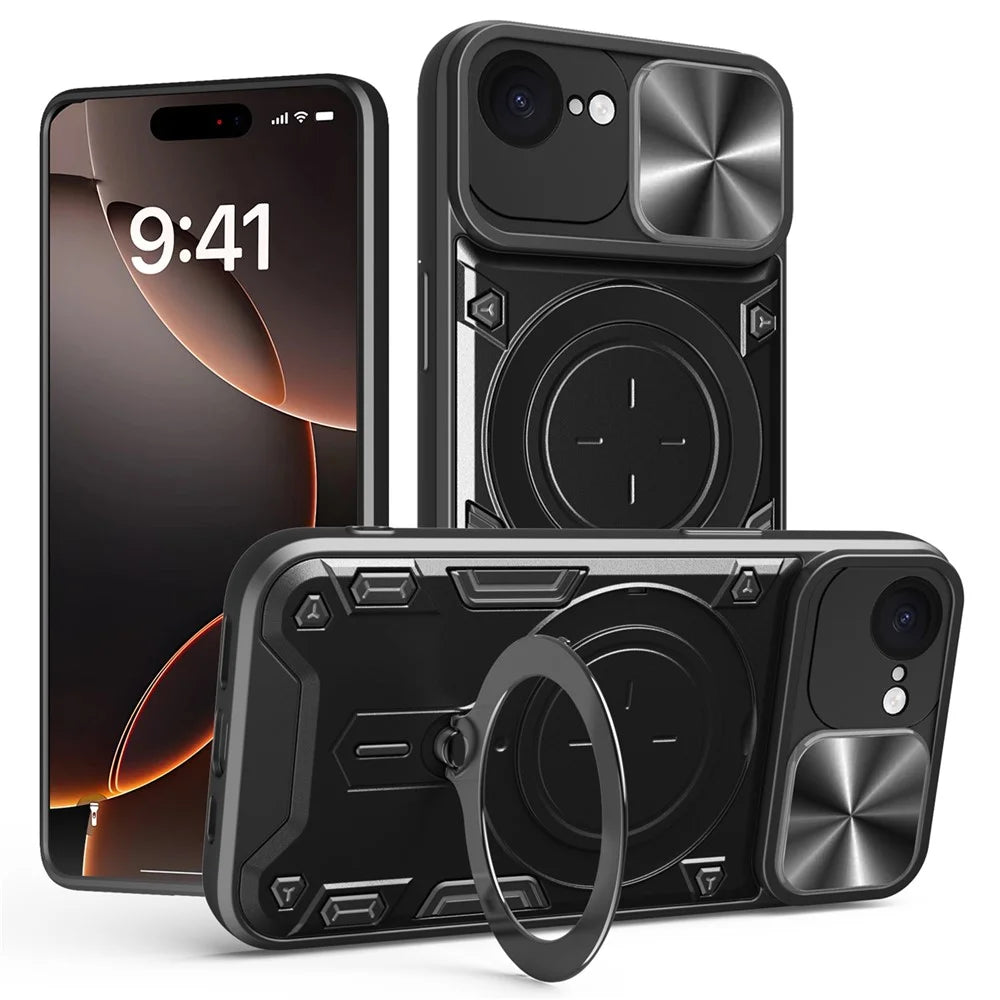 For iPhone 17e / 16e Case TPU + PC Phone Cover with Kickstand , Slide Lens Window - Black - 1