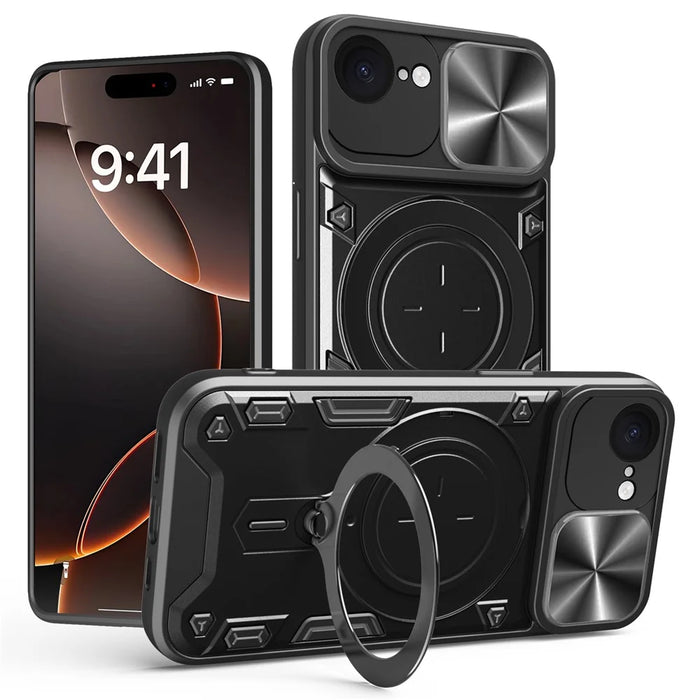 For iPhone 17e / 16e Case TPU + PC Phone Cover with Kickstand , Slide Lens Window - Black - 1