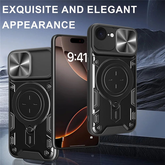 For iPhone 17e / 16e Case TPU + PC Phone Cover with Kickstand , Slide Lens Window - Black - 2