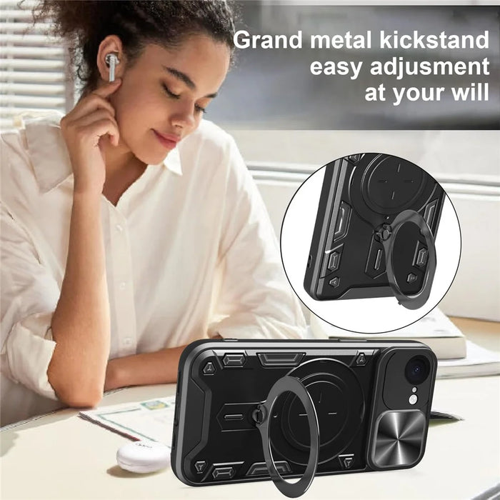 For iPhone 17e / 16e Case TPU + PC Phone Cover with Kickstand , Slide Lens Window - Black - 3